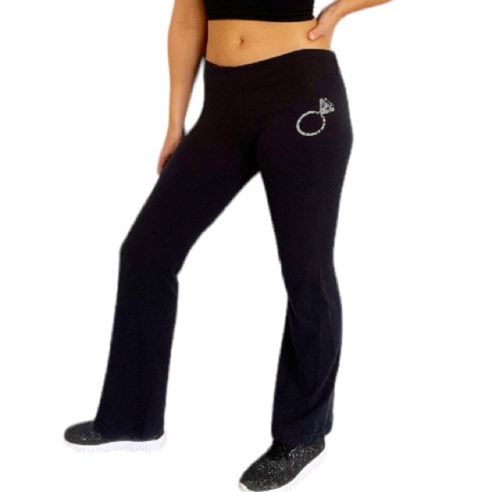 Black bridal bling ring rhinestone flare leg fold-over yoga pants size small
